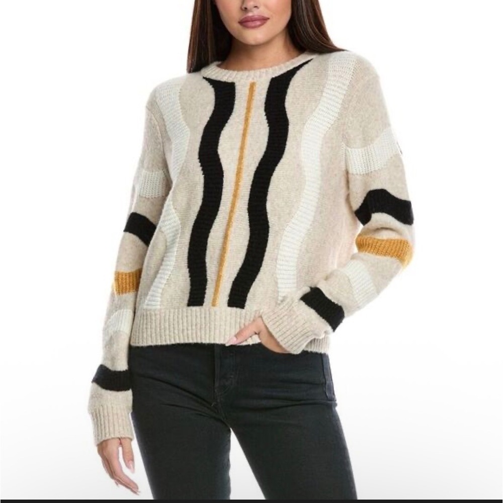 &Isla Joanne Women's Sweater Small Beige Abstract Wavy Wool Knit Art to‎ Wear